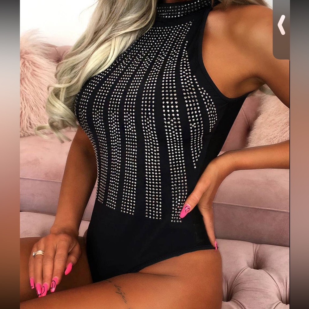 New High Neck Sleeveless Diamanté Body Suite